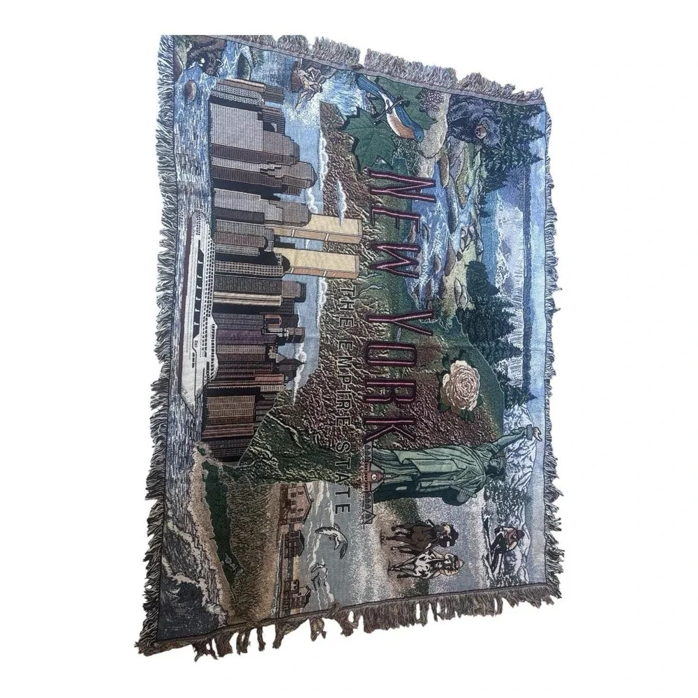 New York Vintage Tapestry Blanket Throw Twin Towers Statue Of Liberty Fringe